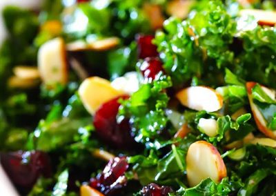 KALE SALAD WITH WARM CRANBERRY ALMOND VINAIGRETTE (Adapted from gimme some oven)