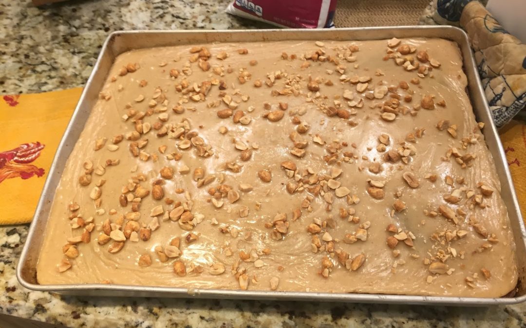 CHOCOLATE SHEET CAKE WITH PEANUT BUTTER FROSTING (Adapted from Cooking channel tv)