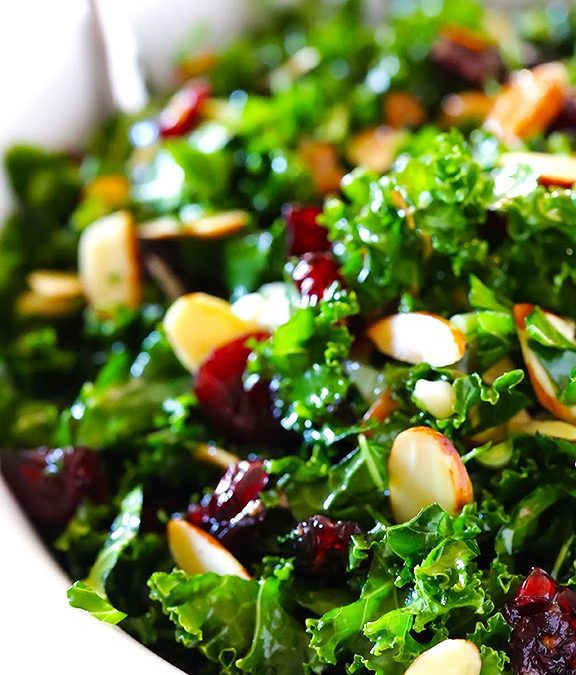 KALE SALAD WITH WARM CRANBERRY ALMOND VINAIGRETTE (Adapted from gimme some oven)