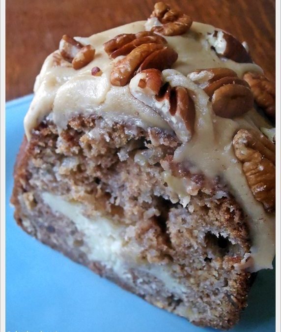 APPLE-CREAM CHEESE BUNDT CAKE WITH CARAMEL PECAN FROSTING (Adapted from jamhands.net)