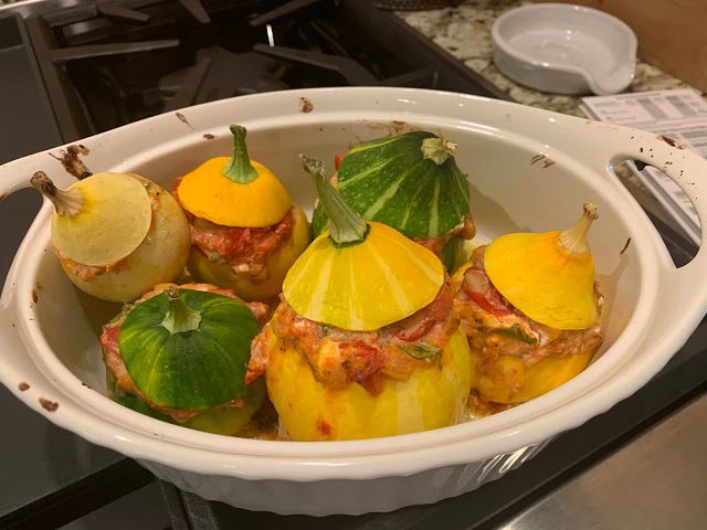 Pattypan Squash stuffed with tomatoes and goat cheese